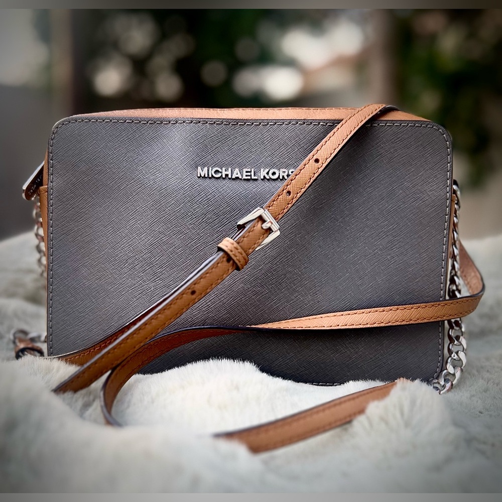 Michael Kors Jet Set Charcoal Gray and Tan Crossbody Bag